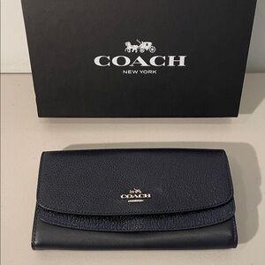 NWT Coach Double Flap Wallet In Colorblock Leather - Navy/Navy Metallic